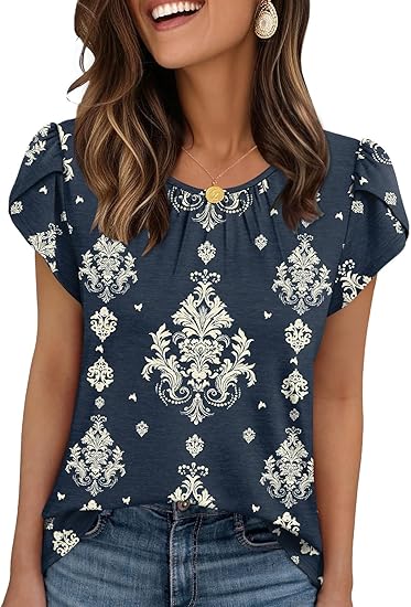 Women T Shirts Pleated Petal Sleeve Tops Cute Dressy Casual Blouses